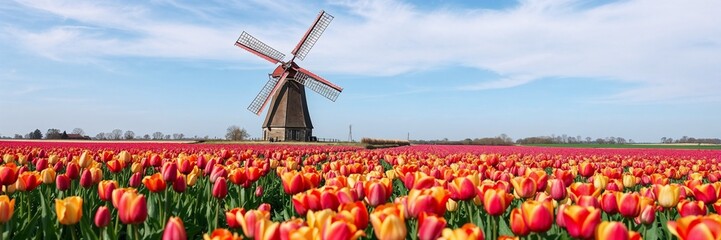 Vibrant tulip field and traditional windmill under a blue sky