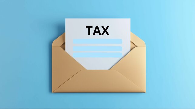 Mail envelope icon with tax form isolated on background with copy space. Concept tax reports and calculation of tax returns. Payment of debt