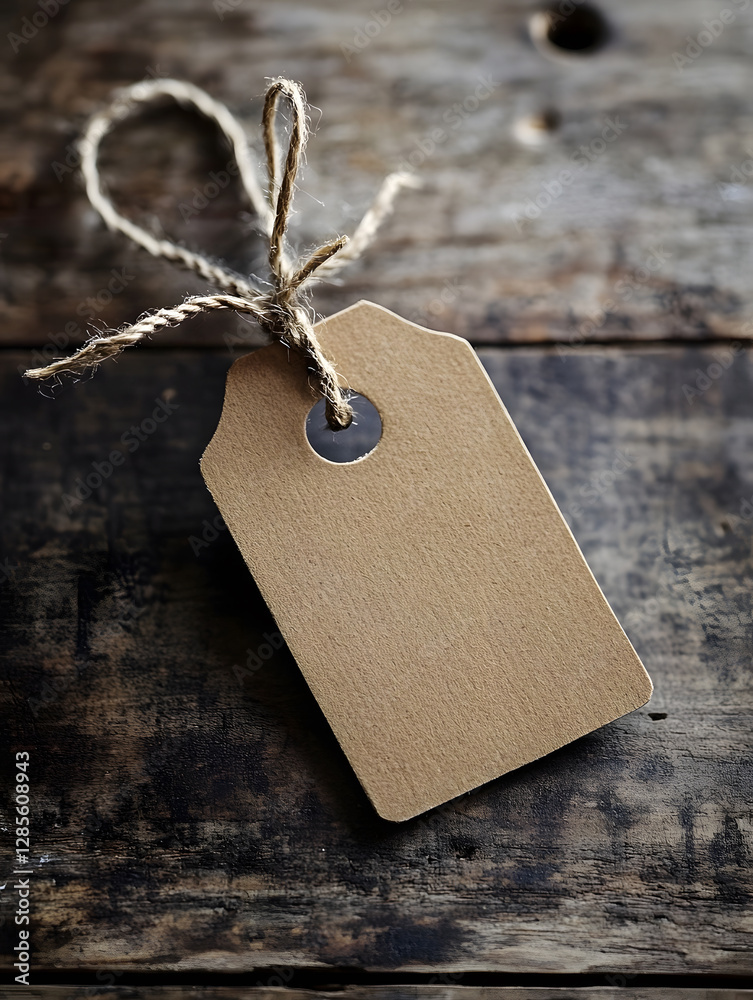 Poster blank brown paper price tag with twine on rustic wooden background for handmade goods : generative a