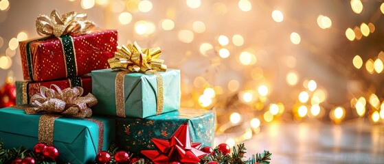 Wrapped gifts stacked high. AI.