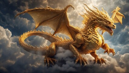 Obraz premium Majestic Golden Dragon Soaring Through Clouds