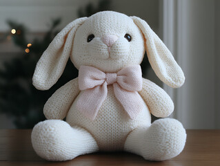 soft plush bunny doll with oversized eyes and pink bow, perfect for cuddling