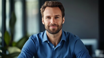 Modern businessman exudes confidence and professionalism in a deep blue shirt.

