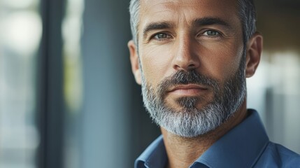 Modern businessman exudes confidence and professionalism in a deep blue shirt.
