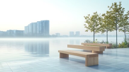 City park benches on foggy morning