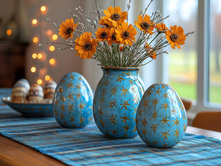 Bright blue vase with yellow flowers and decorative eggs on table