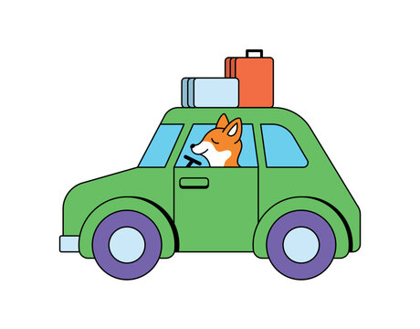 Dog driving car with luggage on top vector illustration