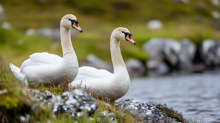 Fototapeta premium Pair of Graceful Swans Resting by the Tranquil Lake in Serene Natural Landscape Setting : Generative AI