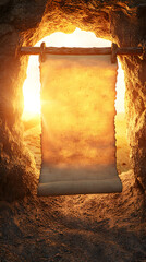 Ancient scroll hanging in a cave entrance