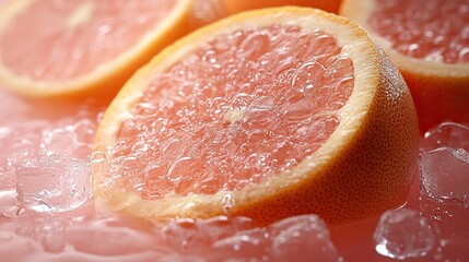 Half slices of grapefruit with ice cubes and water drops are placed on a pastel pink background with copyspace on the left.