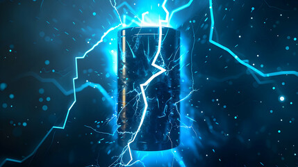 A futuristic battery surrounded by electric sparks and blue lightning in a dark setting