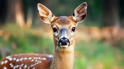 Obraz premium Closeup of young deer in lush forest setting during golden hour lighting : Generative AI