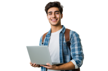 A young man smiling and holding his laptop computer, isolated on a transparent background