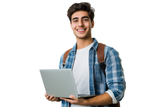 A young man smiling and holding his laptop computer, isolated on a transparent background