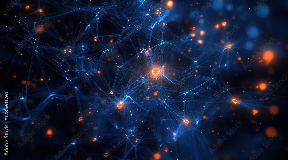 Poster exploring the intricate network: connections, nodes, and data visualization in abstract digital spac