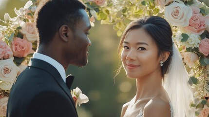 Diverse couple exchanges vows under a vibrant floral arch during an outdoor wedding ceremony. The scene captures the elegance and romance of the moment with colorful flowers and formal attire,