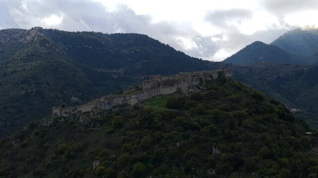 Aerial view on Mystras or Mistras is a fortified town and a former municipality in Laconia, Peloponnese, Greece. Situated on Mt. Taygetus, above ancient Sparta.