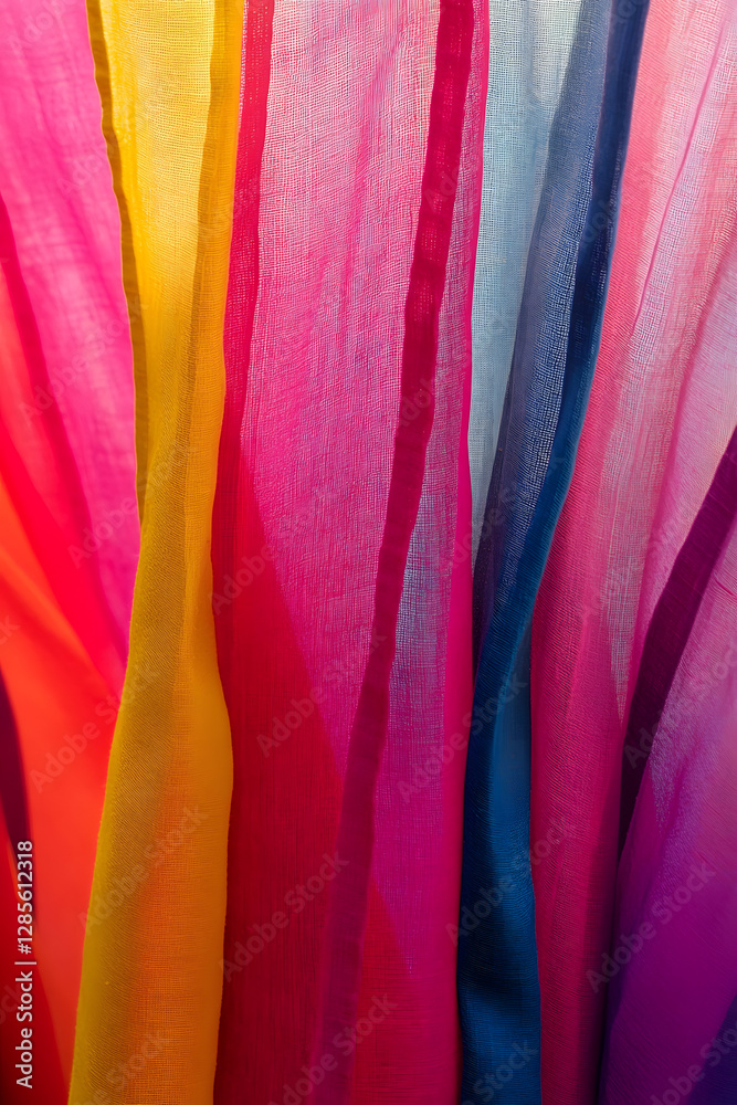 Poster vibrant multi-colored textile display with bright rainbow-hued fabric drapes : generative ai