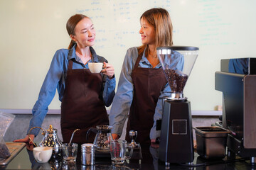 Group young woman people leaning and education workshop for classes barista coffee in cafe room.  Preparing teacher meeting and training service about hospitality and make coffee.  Education Concept