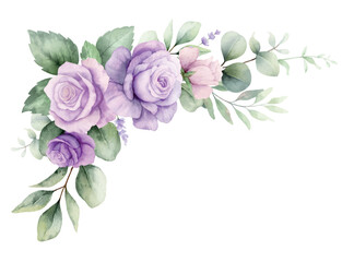 Watercolor wreath with green eucalyptus leaves and violet roses. Greenery clipart for wedding invitation, greeting cards, save the date, stationery design. Hand drawn illustration.