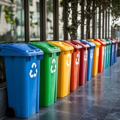 Colorful recycling bins lined up outdoors