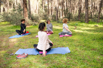 Group of senior women practicing yoga in a lush pine forest, sitting on colorful mats and performing a spinal twist stretch, embracing wellness, flexibility, and mindfulness in a serene outdoor settin