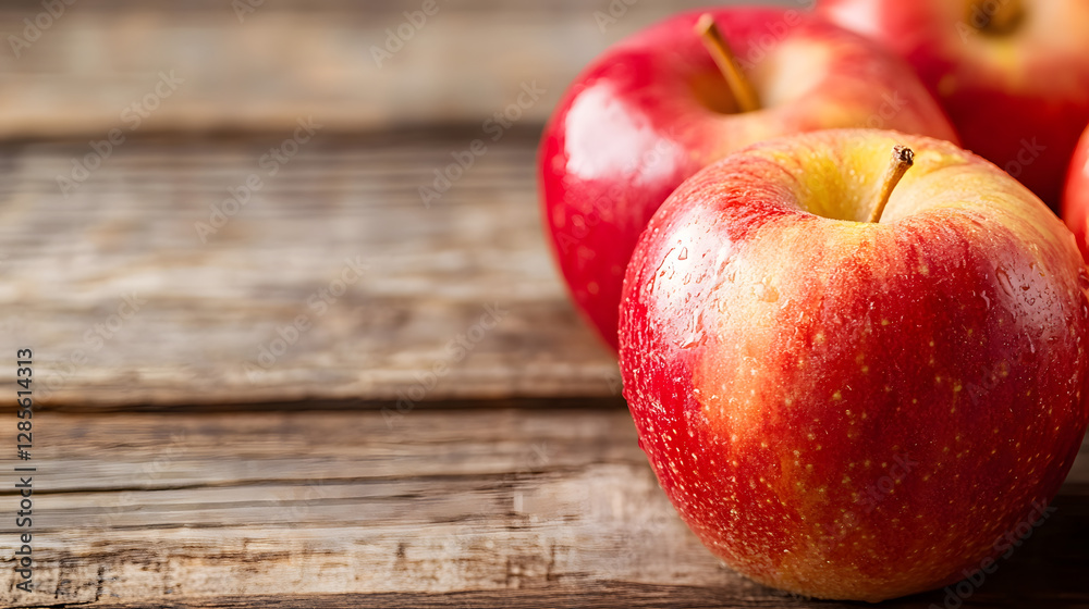 Poster delicious fresh red apples on rustic wooden surface close up : generative ai
