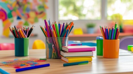 Fototapeta premium Neat stack of school books on a wooden desk, symbolizing focus and organized learning. 