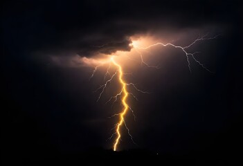Obraz premium Bright yellow lightning bolt striking through a dark stormy sky