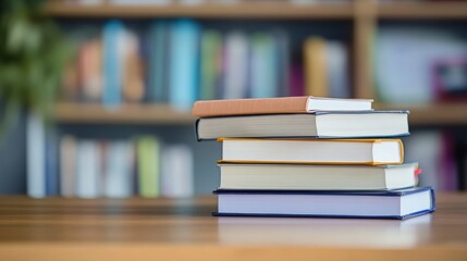 Neat stack of school books on a wooden desk, symbolizing focus and organized learning.
