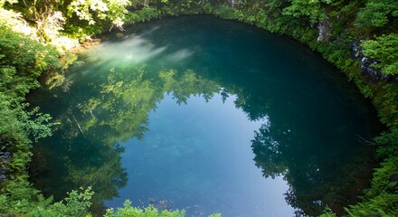 Serene Blue Pond Lush Green Forest Tranquil Reflections Natural Beauty