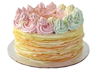 Exquisite Springtime Mille Crepe Cake Adorned with Soft Pastel Frosting and Delicate Decoration