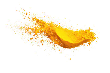 Splash of yellow turmeric powder isolated on transparent or white background, png