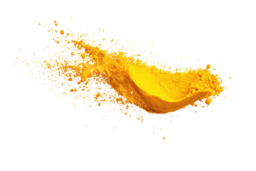 Splash of yellow turmeric powder isolated on transparent or white background, png