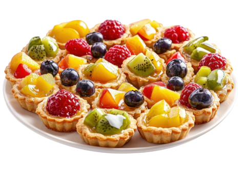 Colorful Mini Fruit Tarts on a Plate with Variety of Fresh Fruits and Glossy Topping
