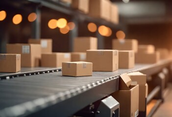 multiple cardboard box on a conveyor belt with blurred lights in the background