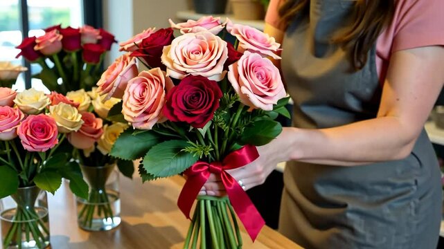 Florist arranging vibrant rose bouquet with care and precision in a flower shop setting