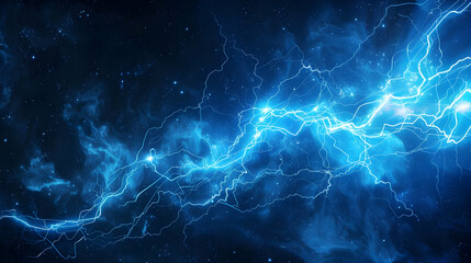 Electric blue lightning bolts illuminate a dark cosmic background with swirling clouds