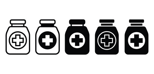 medicine drug bottle icon symbol vector design black white outline and black solid color illustration sets