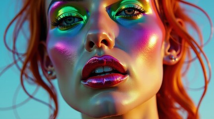 Fototapeta premium Futuristic neon portrait of a woman with glowing colorful reflections on her skin. High-fashion, cyberpunk, and beauty aesthetics in bold, vibrant lighting