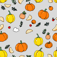 various fruits and vegetables, including pumpkins, oranges, and lemons, arranged in a repeating design on a light gray background.