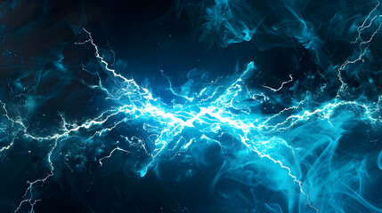 Electric blue lightning bolts crackle through a dark smoky background, creating a dynamic visual effect