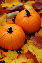 Two Bright Orange Pumpkins Resting on Fallen Autumn Leaves in Forest Setting : Generative AI