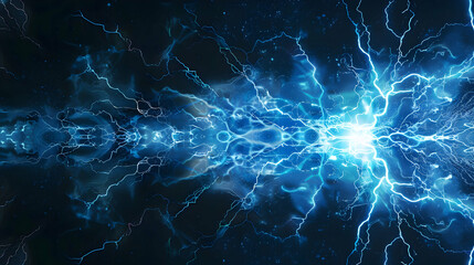 Vibrant blue lightning bolts create an electrifying visual effect against a dark background