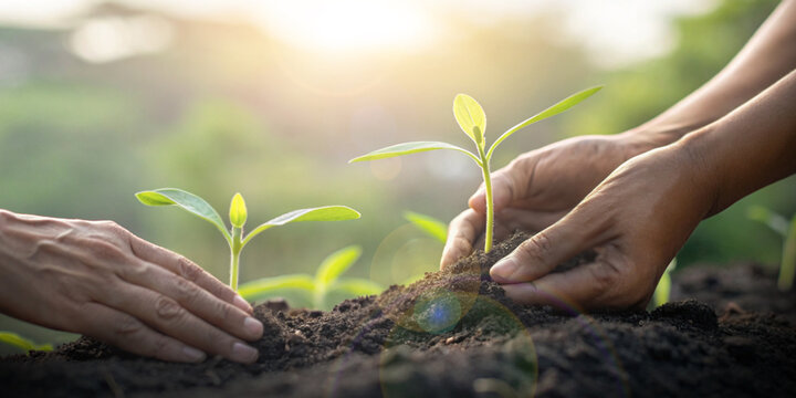 Abstract background. World Environment Day concept with cooperation to plant trees to reduce global warming. Hands, Tree planting, Teamwork, Environmental conservation, nature, Environment