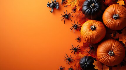 Halloween themed gifts with decorative spiders, pumpkins, and skeletons arranged on an orange background.