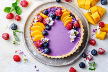 A beautifully crafted purple tart garnished with fresh mango slices, blueberries, raspberries, and edible flowers, dusted with powdered sugar.