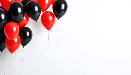 Red and black balloons floating against a white background