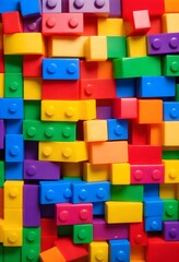 Fototapeta premium Colorful plastic building blocks in various shapes and sizes, arranged in a random pattern. The blocks are in a variety of bright colors including red, yellow, green, blue, and purple.