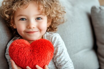 Innocent face cute child boy with fluffy heart in hands. Valentine's day greeting and funny gift. February 14 gift. Red theme party. Cute gesture. Loving baby moment. Valentine magic.